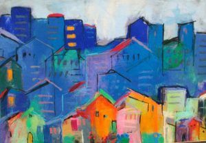 A modern abstract design of Jerusalem houses Soft Art where colors are inserted into fabric to form the painting 107 cm X 174 cm.