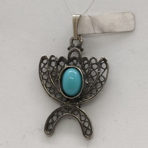 Sterling silver Menorah pendant filigree Turquoise fine Yemenite filigree handmade and set with oval Turquoise stone 3.5 cm X 2  cm.