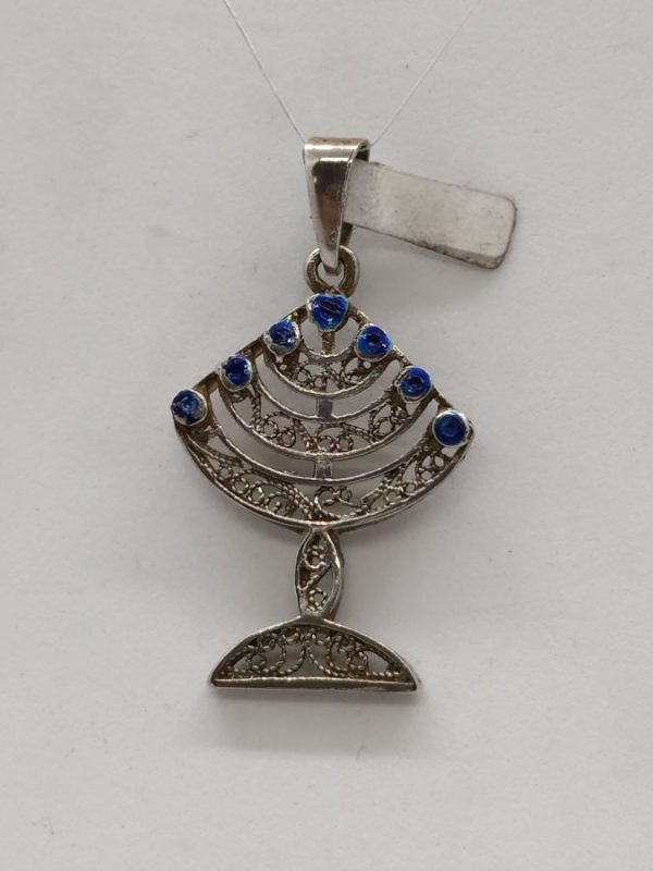 Sterling silver Menorah pendant filigree enamel handmade fine Yemenite filigree and set with blue enamel as candles 4.3 cm X 2.4  cm.