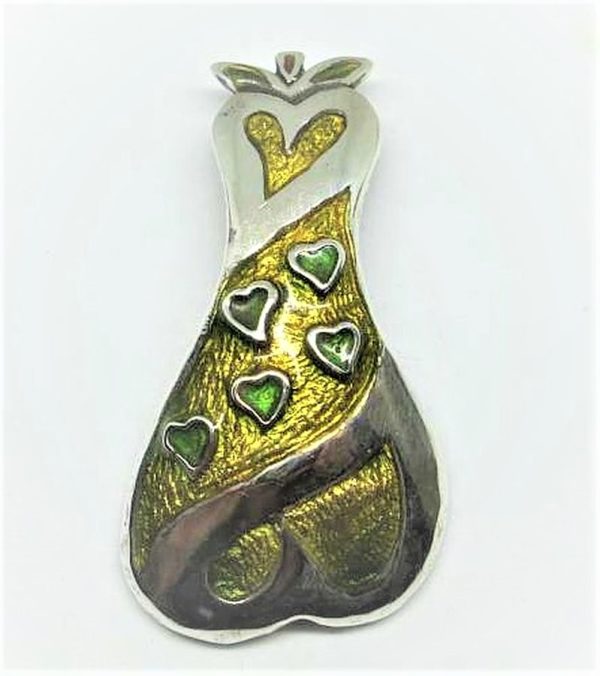 Sterling silver contemporary pendant pear with hearts handmade and green and yellow enameled. Dimension 2.7  cm X 4.8  cm approximately.