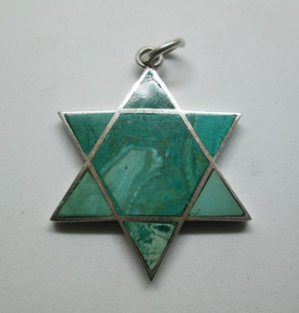 Handmade sterling silver traditional shape star of Magen David star Elat stone set with big Elat stones triangles 2.6 cm X 3.8 cm.