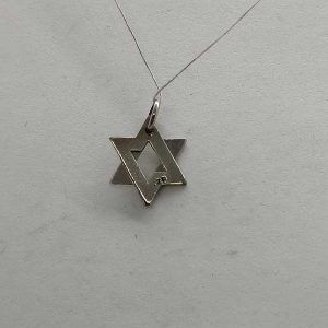 Handmade sterling silver David Star Mini Mobile 2 parts small size.  Once hung on chain ,it shapes Star of David. Dimension 1.8 cm X 1.25 cm.