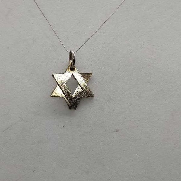 Handmade sterling silver David Star Mini Mobile 2 parts small size.  Once hung on chain ,it shapes Star of David. Dimension 1.8 cm X 1.25 cm.