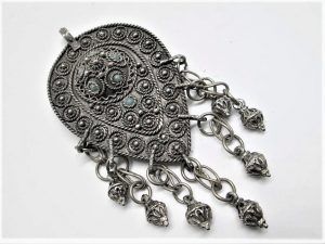 Handmade sterling silver pin & pendant Yemenite filigree .An original vintage piece Pin Pendant Silver Drop shape with dangling bells .