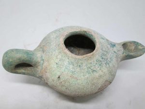 Antique Islamic era Islamic glazed oil lamp 10th century CE with blue glazing, the common color used in the middle East to get away the evil.
