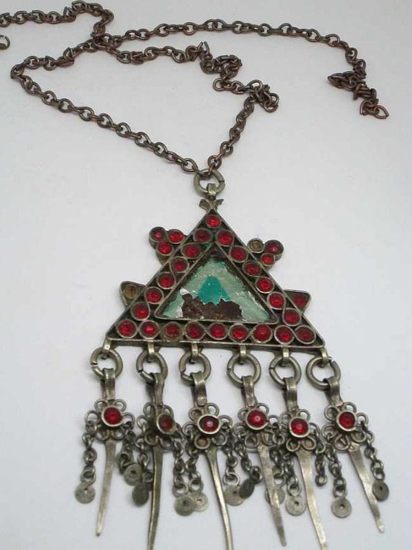 Handmade Middle East nomads silver vintage pendant triangle shape necklace with glass red beads & green damaged enamel & missing 2 red stones.