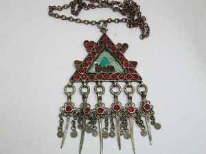 Handmade Middle East nomads silver vintage pendant triangle shape necklace with glass red beads & green damaged enamel & missing 2 red stones.