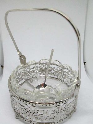Handmade RoshHashana Honey Dish Silverplated cut out designs with glass dish & spoon. Dimension diameter 11.5 cm approximately.