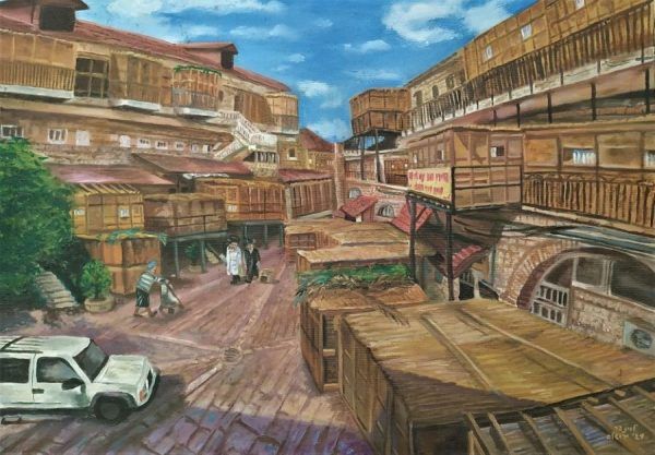 Succoth Mea Shearim Painting by Levinger a self taught artist, as he is a Yeshiva boy and does not have his Rabbis approvals.