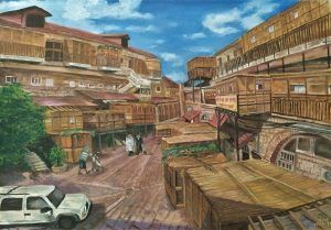 Succoth Mea Shearim Painting by Levinger a self taught artist, as he is a Yeshiva boy and does not have his Rabbis approvals.