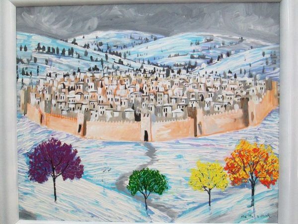 Fine Art Oil Painting Canvas Jerusalem in Snow hand painting on canvas by M.Amar .   Amar style reminds the impressionism gf 150 years ago.