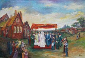 Fine Art Oil Painting Broad Canvas Jewish Wedding hand painting on broad canvas by M. Yankelevitz. Dimension 60 cm X 90 cm approximately.