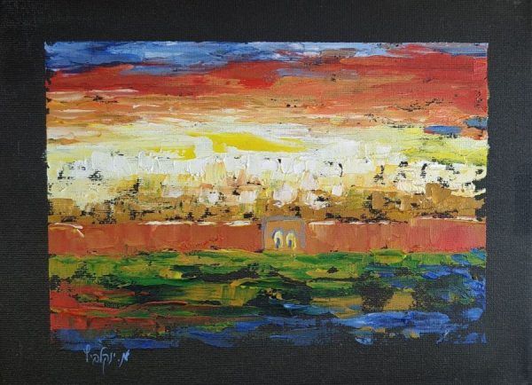 Fine art oil on canvas Golden Gate Sunrise Painting abstract by M. Yankelevitz.  You can feel the Jerusalem stones through the touch of brush.