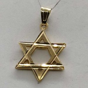 Handmade 14 carat gold traditional solid Magen David diamond cut finish heavy weigh star. Dimension 1.6 cm X 1.9 cm X 0.2 cm approximately.