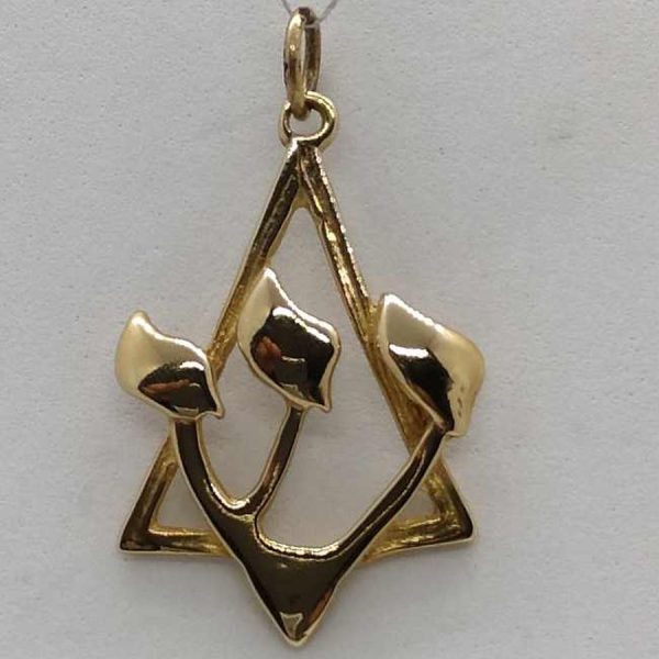 Handmade 14 carat gold Magen David star pendant Shin Hebrew letter carved artistically in star 2 cm X 3.35 cm X 0.25 cm approximately.