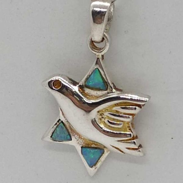 Handmade sterling silver dove shape Magen David star pendant set with  3 opalites stones. Dimension 1.8 cm X 2.75 cm X 0.25 cm approximately.
