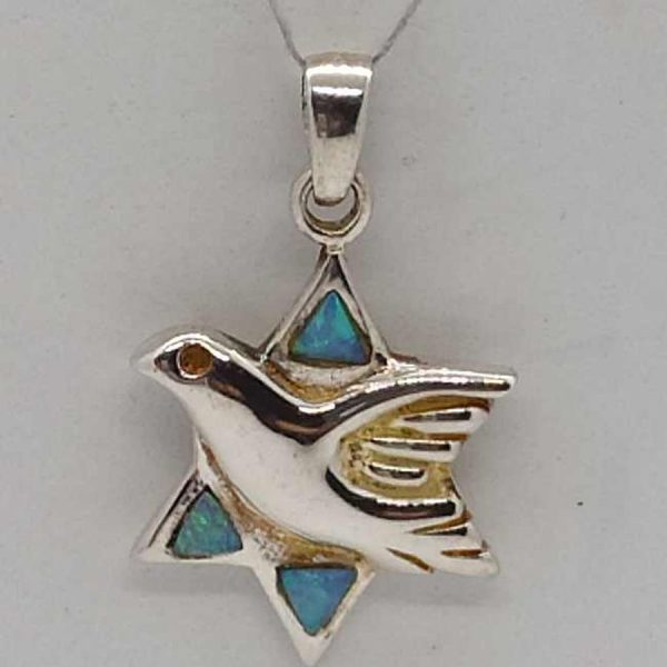 Handmade sterling silver dove shape Magen David star pendant set with  3 opalites stones. Dimension 1.8 cm X 2.75 cm X 0.25 cm approximately.