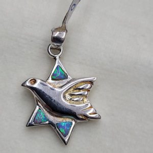 Handmade sterling silver dove shape Magen David star pendant set with  3 opalites stones. Dimension 1.8 cm X 2.75 cm X 0.25 cm approximately.