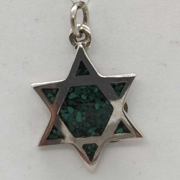 Sterling Silver MagenDavid Star Pendant Elat Green stone medium size.  Dimension 1.7 cm X 2.5 cm X 0.2 cm approximately.