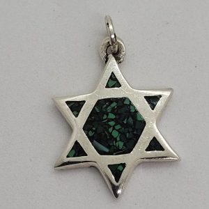 Sterling Silver MagenDavid Star Pendant Elat Green stone medium size.  Dimension 1.7 cm X 2.5 cm X 0.2 cm approximately.