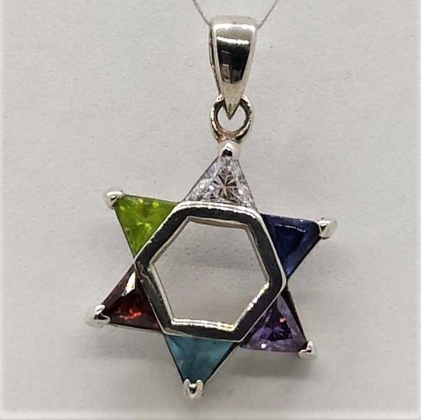 A classic shape sterling silver Magen David star pendant colored triangle Zircon stones to fill the star angles 2.6 cm X 1.9 cm X 0.5 cm.