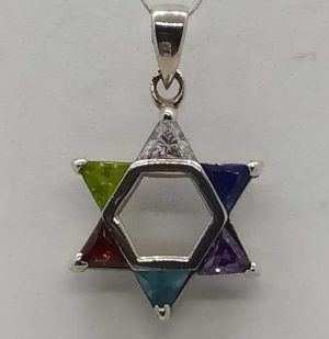 A classic shape sterling silver Magen David star pendant colored triangle Zircon stones to fill the star angles 2.6 cm X 1.9 cm X 0.5 cm.