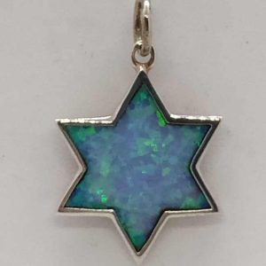 Handmade sterling silver Magen David star Opalite shaped carved stone flamboyant fire colors. Dimension 1.8 cm X 2.6 cm X 0.25 cm.