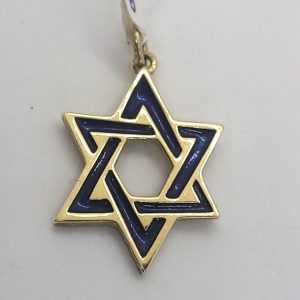 Handmade 14 carat yellow gold Magen David star pendant blue enamel slightly twisted modern design 1.8 cm X 2.9 cm approximately.