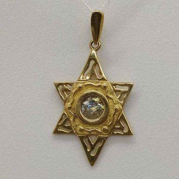Handmade 14 carat gold contemporary design of a Magen David star pendant modern Roman glass set in with antique patina colors.