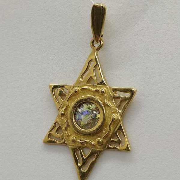 Handmade 14 carat gold contemporary design of a Magen David star pendant modern Roman glass set in with antique patina colors.