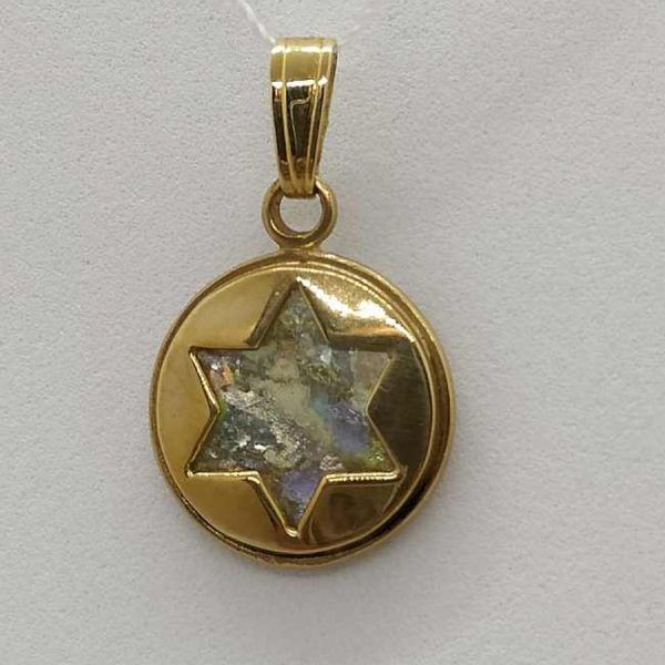 Handmade 14 carat gold Magen David star pendant Roman glass cut out and set with genuine antique glass set on back of pendant.