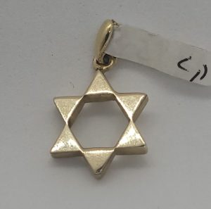 Handmade 14 Carat yellow gold Magen David star pendant solid medium smooth closed triangles forming a star of David design.