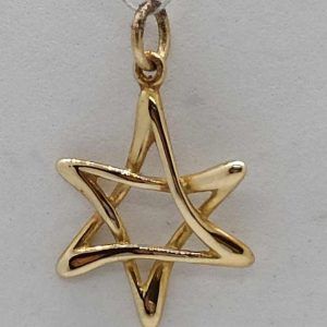 14 Carat gold Magen David twisted triangles pendant uneven design forming a star. Dimension 1.5 cm X 1.7 cm X 0.15 cm approximately.
