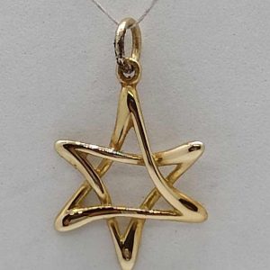 14 Carat gold Magen David twisted triangles pendant uneven design forming a star. Dimension 1.5 cm X 1.7 cm X 0.15 cm approximately.