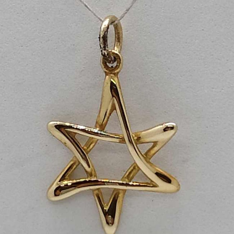 14 Carat gold Magen David twisted triangles pendant uneven design forming a star. Dimension 1.5 cm X 1.7 cm X 0.15 cm approximately.