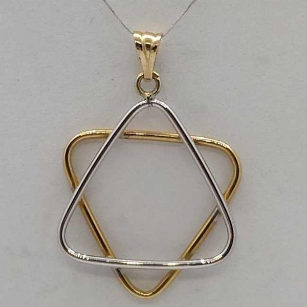 14 Carat gold Magen David star white yellow wires pendant made by combining the wires into a star shape 2.2 cm X 3.2 cm X 0.025 cm.