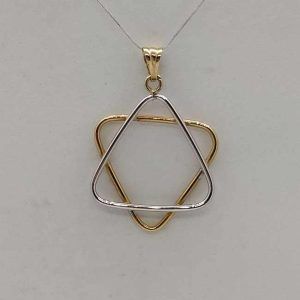 14 Carat gold Magen David star white yellow wires pendant made by combining the wires into a star shape 2.2 cm X 3.2 cm X 0.025 cm.