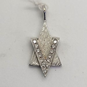 18 carat white gold handmade triangles Magen David star 13 brilliant cut Diamonds set in total weight 8 pts, VVS clarity color white.