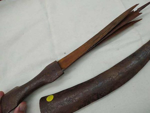 Triple Lames Sword Iron Silver Inlaid designs on blades and on sheath . Antique handmade iron sword with three unusual blades .