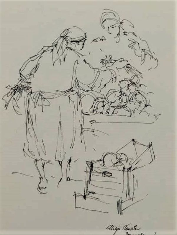 Hand painted pencil drawing on paper by A.Nowik of  an orthodox Jewish Woman Shopping Drawing selling cabbage to another Jewish woman.