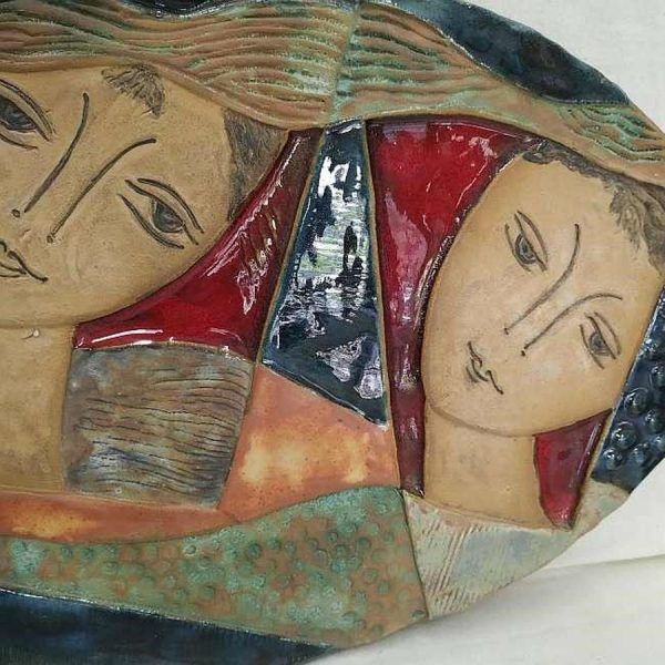 Handmade glazed ceramic Oval Tile David Bathsheba watching each other with a lot of passion. Dimension 49.5 cm X 31 cm approximately.