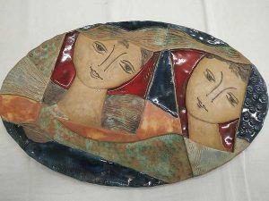 Handmade glazed ceramic Oval Tile David Bathsheba watching each other with a lot of passion. Dimension 49.5 cm X 31 cm approximately.