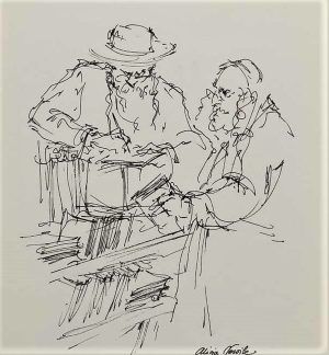 Fine Art Painting Pencil Drawings Original Orthodox Jews Book Shopping Drawing  hand painted pencil drawing on paper by A.Nowik.