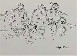 Fine Art Painting Pen Drawing Orthodox Jews with traditional clothing sitting on a bench. It has been signed by artist A. Nowick.