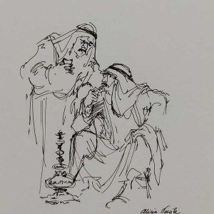 Fine Art Painting Pen Drawing Original Bedouins Smoking Water Pipe with traditional clothing . It has been signed by artist Alicia Nowick.