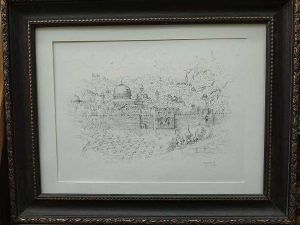A Pencil Drawing Golden Gate in the old city of Jerusalem wall and the closed Golden gate below the Dome of the Rock, frame 40 cm X 50 cm.