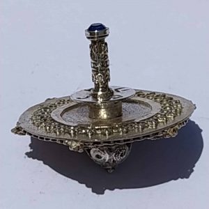 Dreidel Sterling Silver Sevivon fine Yemenite filigree set with blue crystal stone made by S. Ghatan ( Katan).Dimension diameter 3.6 cm X 3.2 cm.