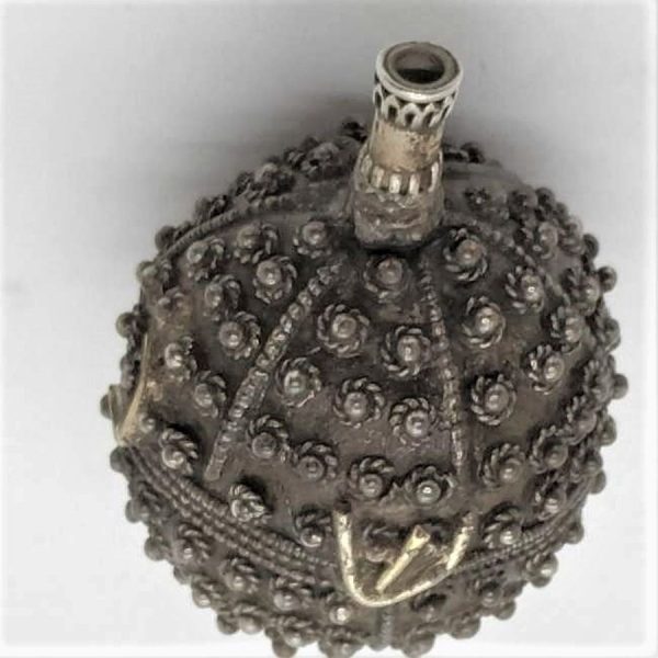 Handmade brass & silver Yemenite filigree Dreidel Vintage Hedgehog Shape made in Yemen and brought to Israel during 1950's.