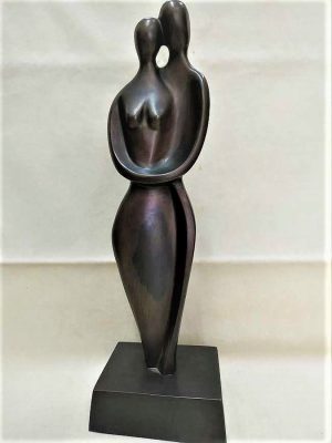Bronze Sculpture Loving Couple. Handmade bronze sculpture loving couple standing together handmade by D. Jaron 8 cm X 10.5 cm X  31 cm.
