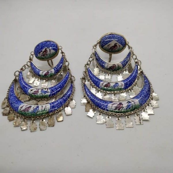 Vintage Jewelry Blue Enamel  Earings. Handmade earings enameled birds & foliage designs set in sterling silver Yemenite filigree . Dimension 6 cm X 2.2 cm .